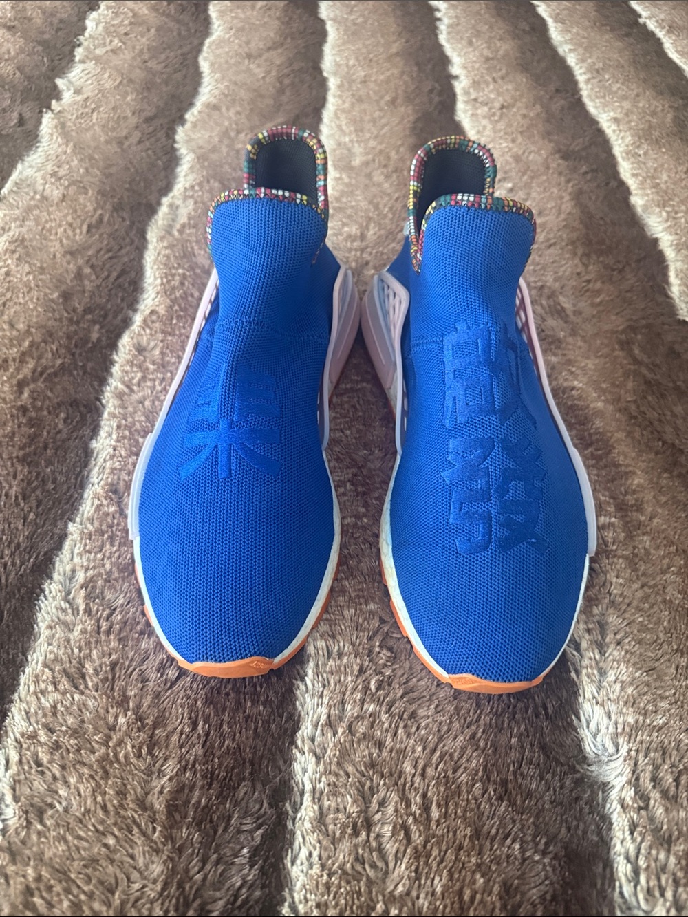 adidas Kids Royal Blue Knit Slip-On Sneakers with Orange Accents